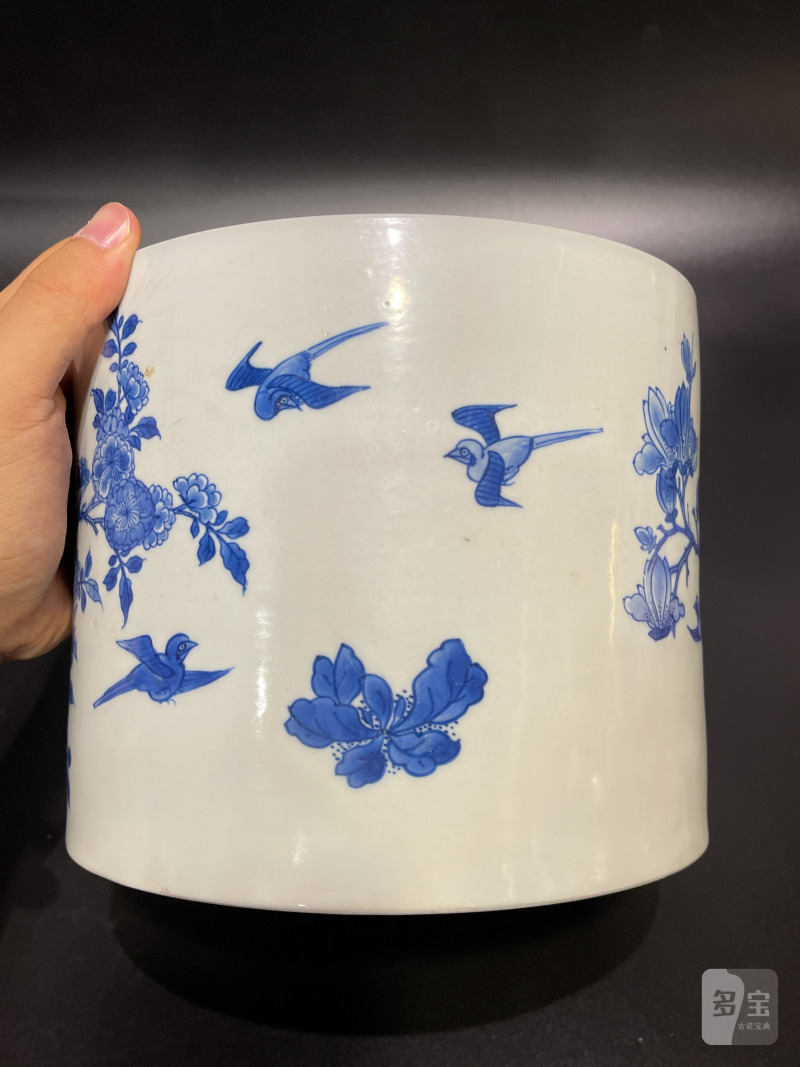 清康熙 青花雉鸡牡丹纹笔筒 - 图7